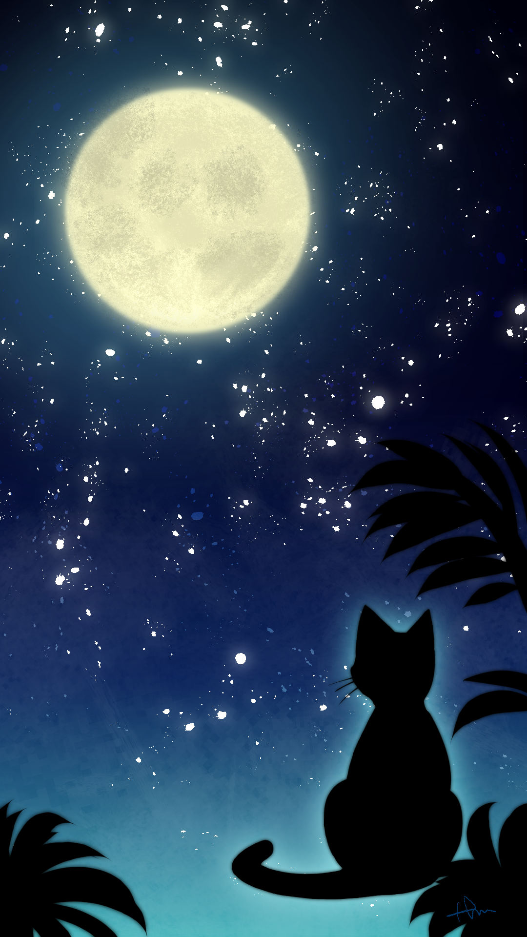 スマホ用壁紙満月と猫