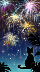 スマホ用壁紙花火と猫-【Wallpaper for smartphone】Fireworks and cats-