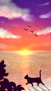 スマホ用壁紙夕焼け空と海と猫-【Wallpaper for smartphone】Sunset sky and sea and cat-