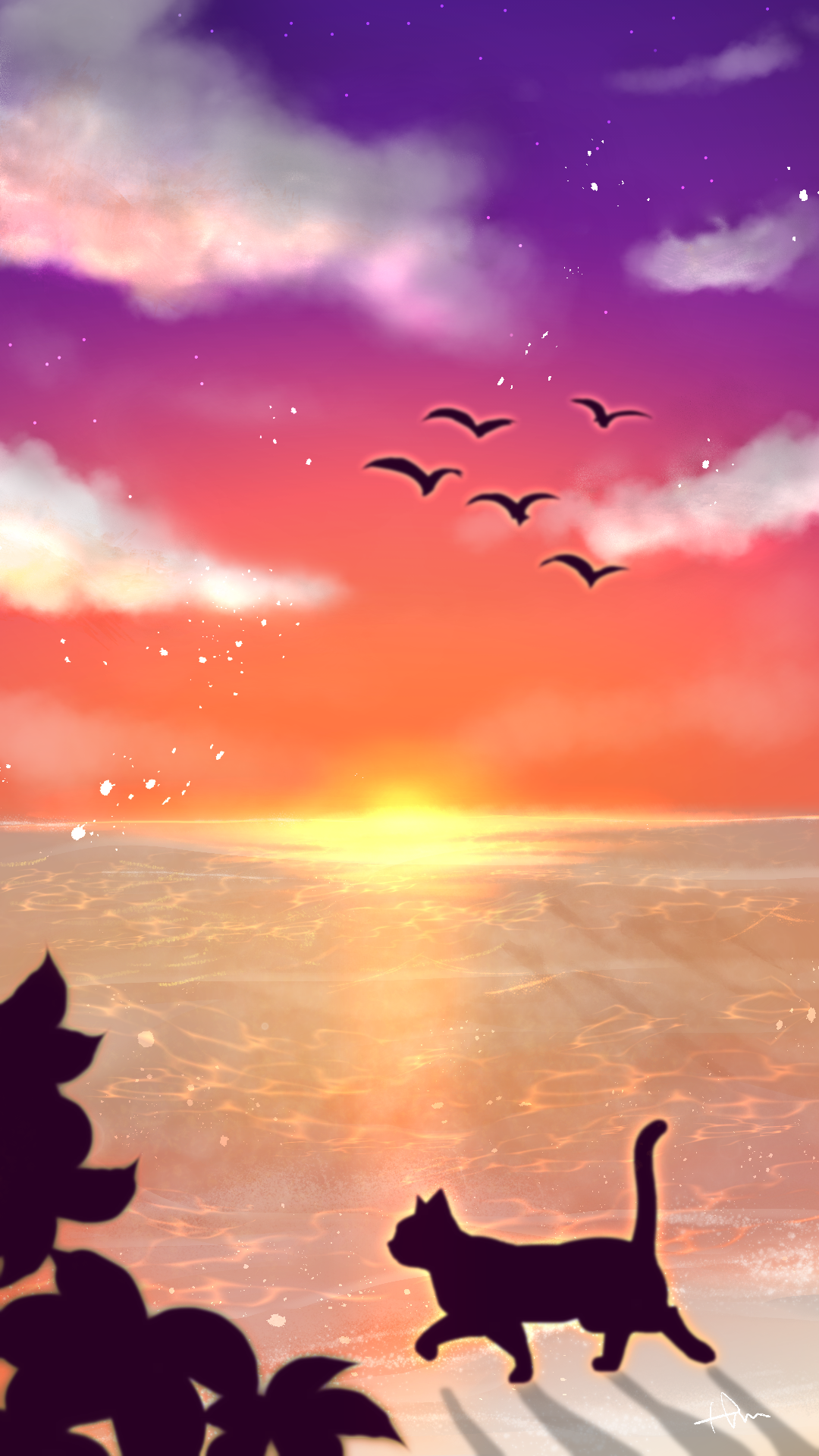 スマホ用壁紙夕焼け空と海と猫
