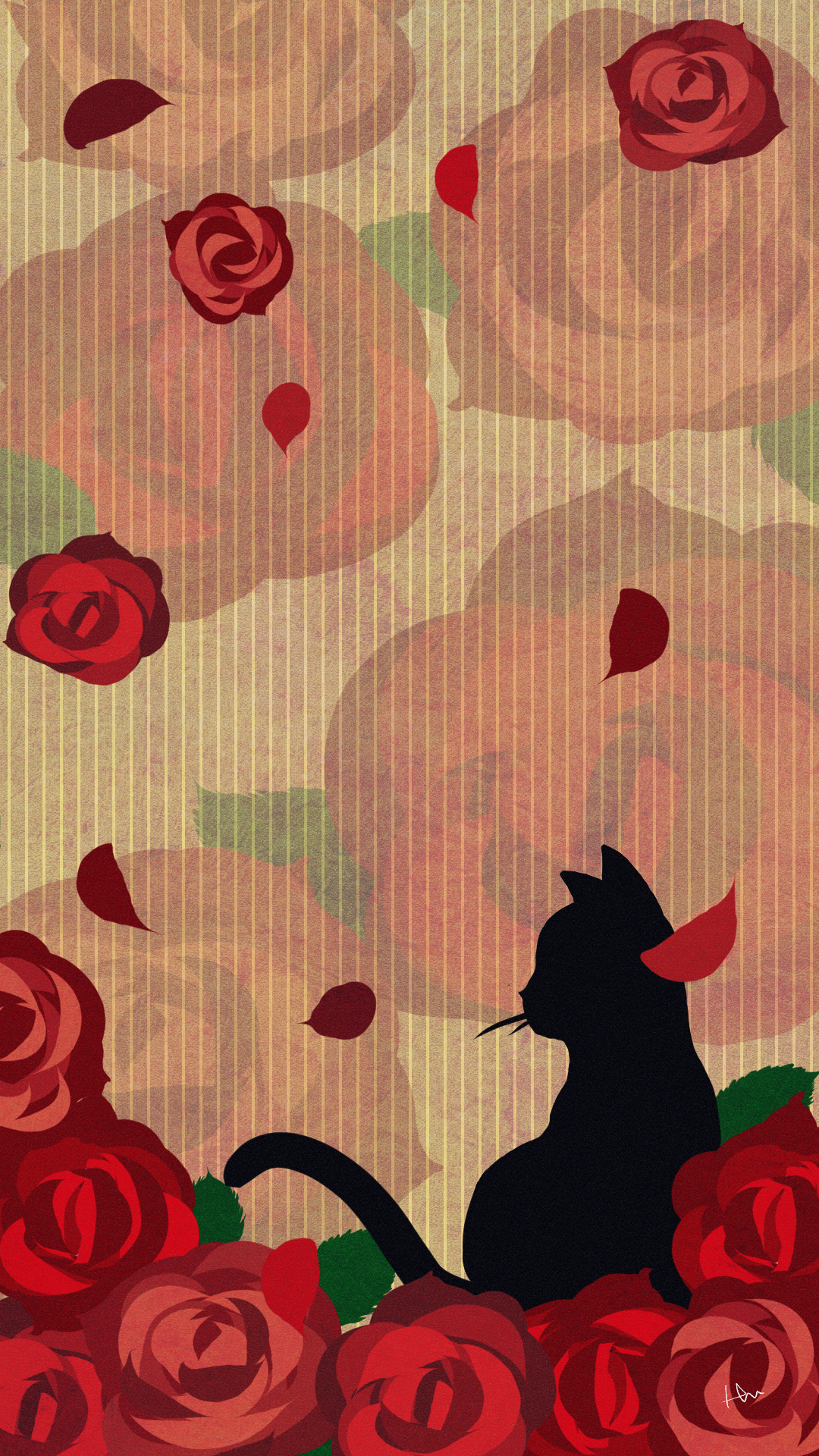 スマホ用壁紙たたずむ猫とバラの花レッド