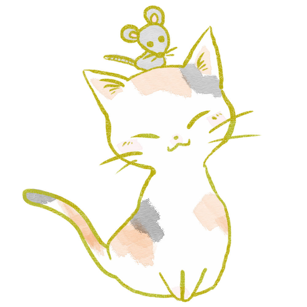 ねずみを頭に乗せた猫のイラスト | 猫画工房