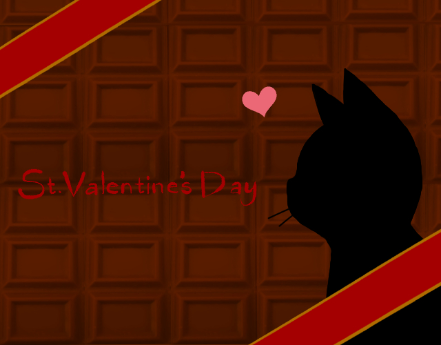 バレンタインデー板チョコレートと猫の横顔シルエットカードミルクチョコ×レッド
