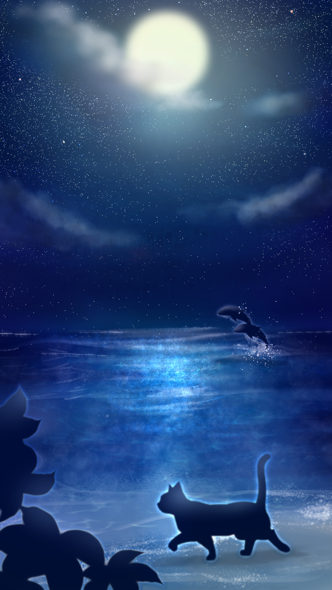 スマホ用壁紙夜空と海と猫