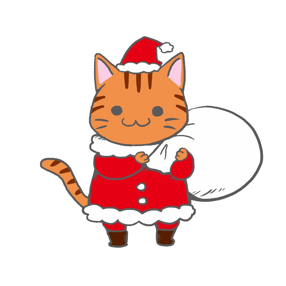 クリスマスプレゼント袋をかついだ猫サンタのイラスト 背景なしver 猫画工房