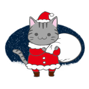 クリスマスプレゼント袋をかついだ猫サンタサバトラ