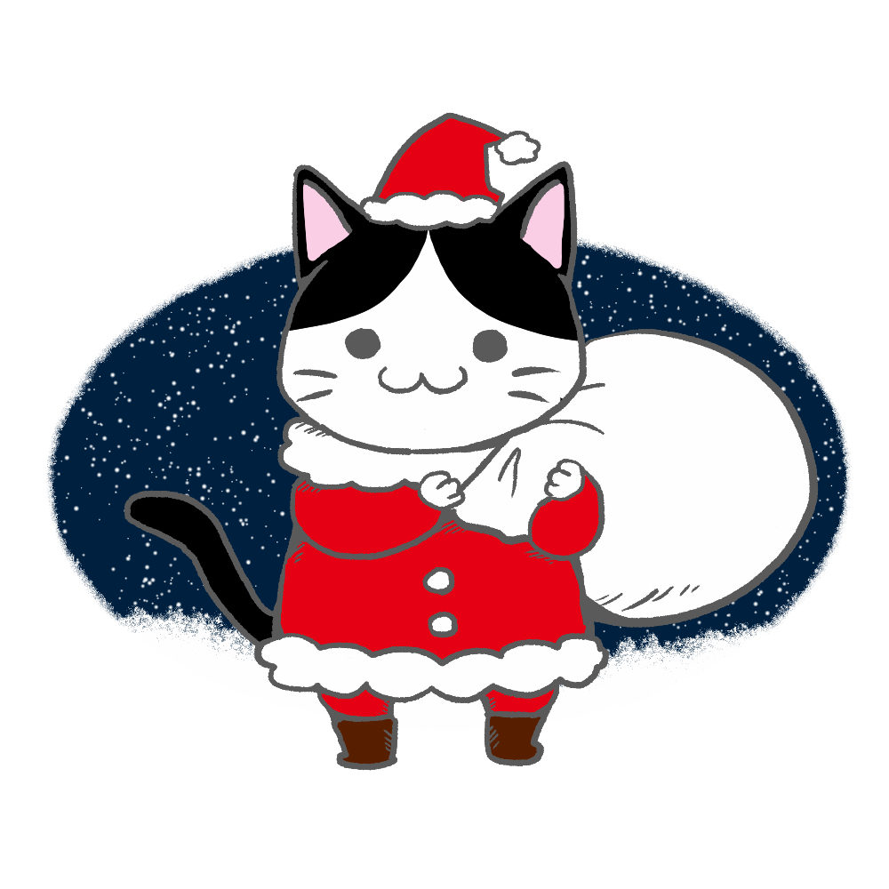 クリスマスプレゼント袋をかついだ猫サンタハチワレ