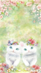 スマホ用壁紙花と2匹の白い子猫桜バージョン
