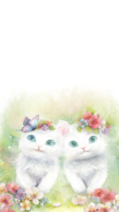 スマホ用壁紙花と2匹の白い子猫